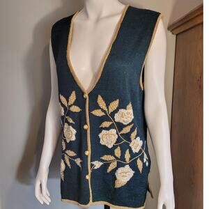 Vintage 90s Jaclyn Smith Glitter Sweater Vest Medium Green Gold Metallic Floral